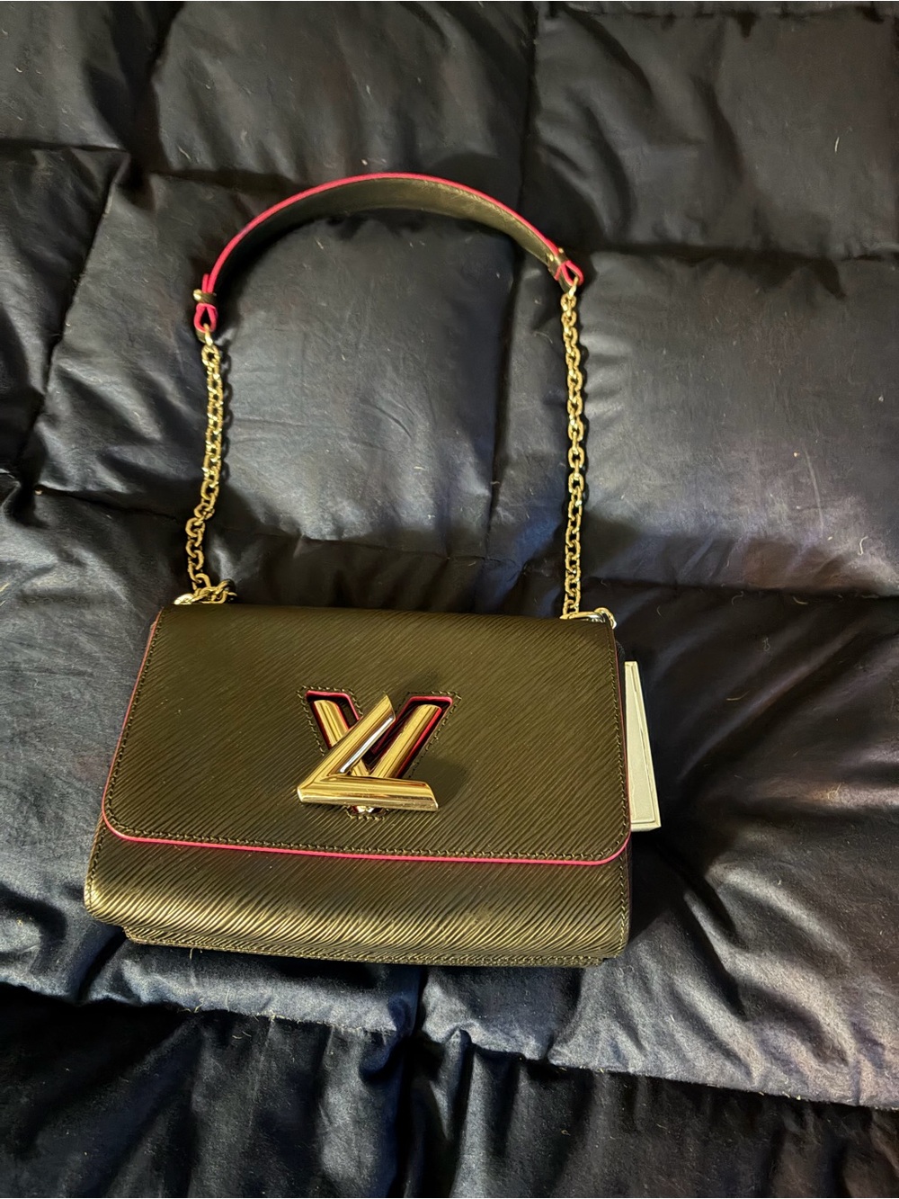 Louis Vuitton Black Shoulder Bag with Silver Hardware and Pink Trim